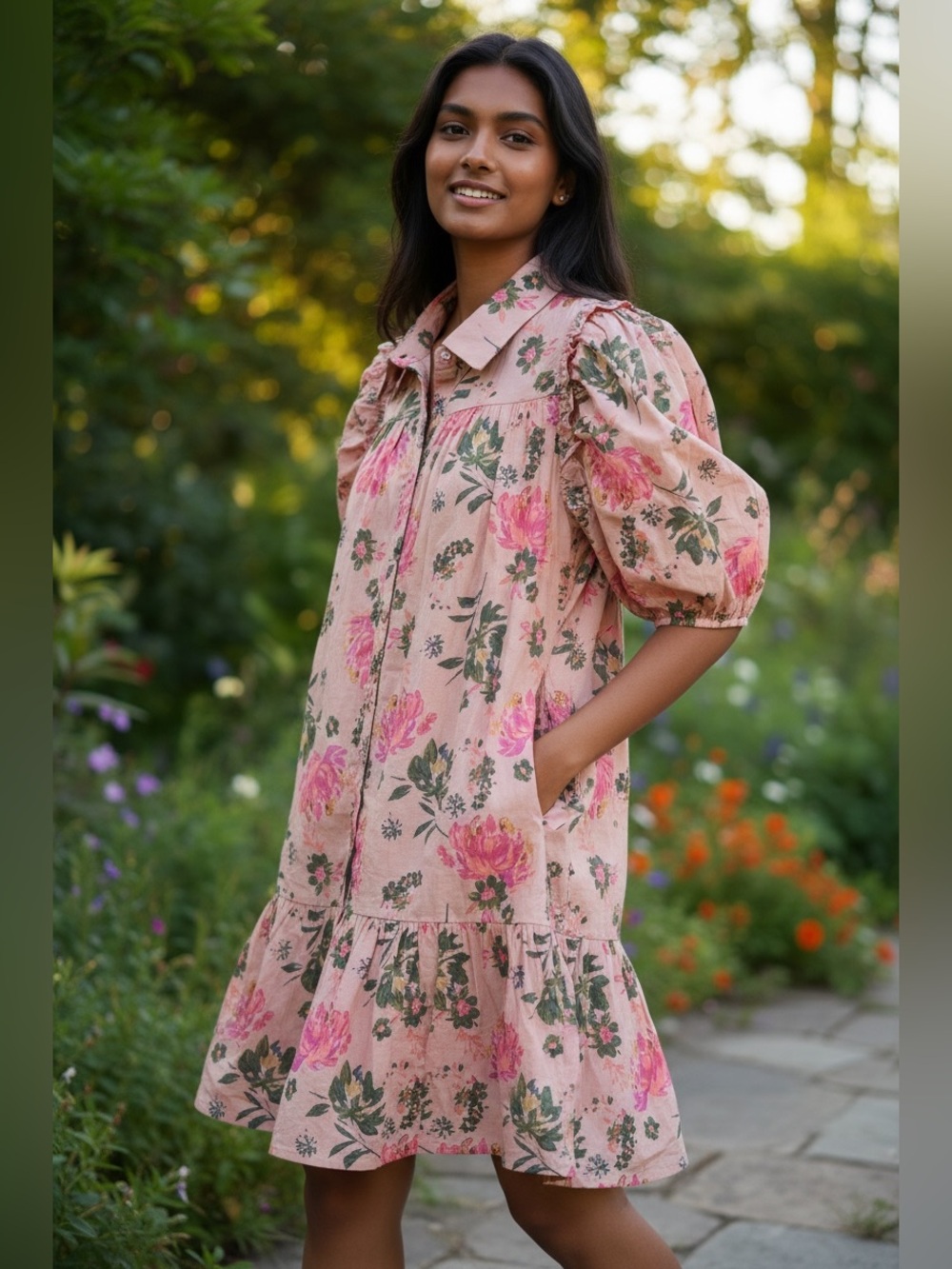 entro Pink Floral Puff-Sleeve Mini Dress - Picture 1 of 2